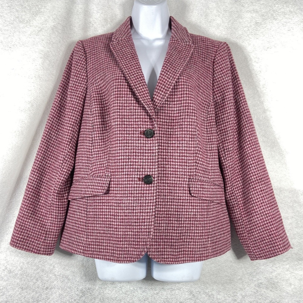 Talbots Jacket Women's Petite 14P Pink Shetland Blazer Houndstooth Wool Blend